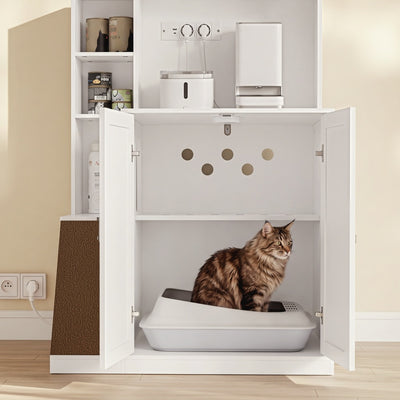 SoBuy HAT10-E-W Meuble Cache-Litière pour Chat 2 Portes avec Prises et Étagères – Armoire de Rangement Blanc Moderne pour Chambre, Cuisine et Bureau – 80×60×116,5 cm, Charge 96 kg