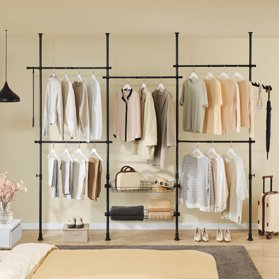 SoBuy KLS04-II-SCH Portant à vêtements télescopique solide - Penderie ouverte réglable avec tringles et étagères, Porte manteau pour chambre/dressing, Noir