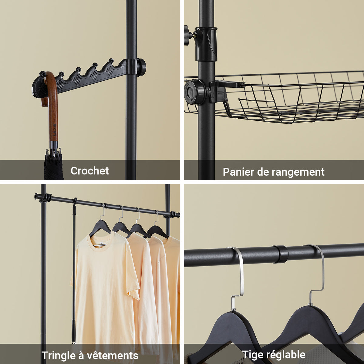 SoBuy KLS04-II-SCH Portant à vêtements télescopique solide - Penderie ouverte réglable avec tringles et étagères, Porte manteau pour chambre/dressing, Noir