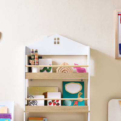 SoBuy KMB121-WN Bibliotheque Enfant Étagère Livre Enfant 4 Niveaux Meuble Rangement Jouet Bibliothèque Meuble de Rangement Etagere Chambre Blanc-Naturel 60x15x130.5 cm