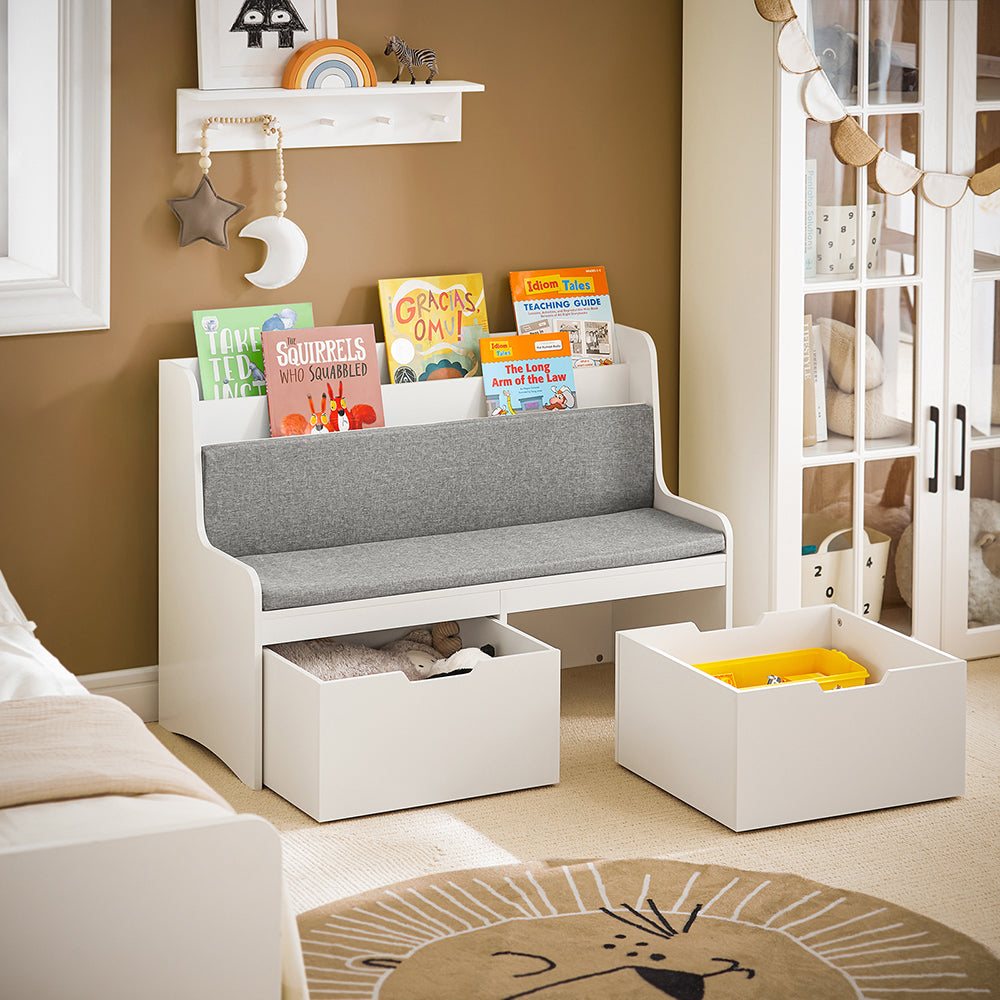 SoBuy KMB66-W Coffre de Rangement Enfants, Banc de Rangement pour Enfants avec Bibliothèque, 2 Tiroirs sur roulettes et Coussin d'assise, 100 x 45 x 70 cm, Blanc