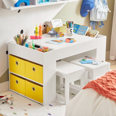 SoBuy KMB75-W Table Enfant avec Rangement et 2 Chaises – Plateau Double Face Construction, Blanc