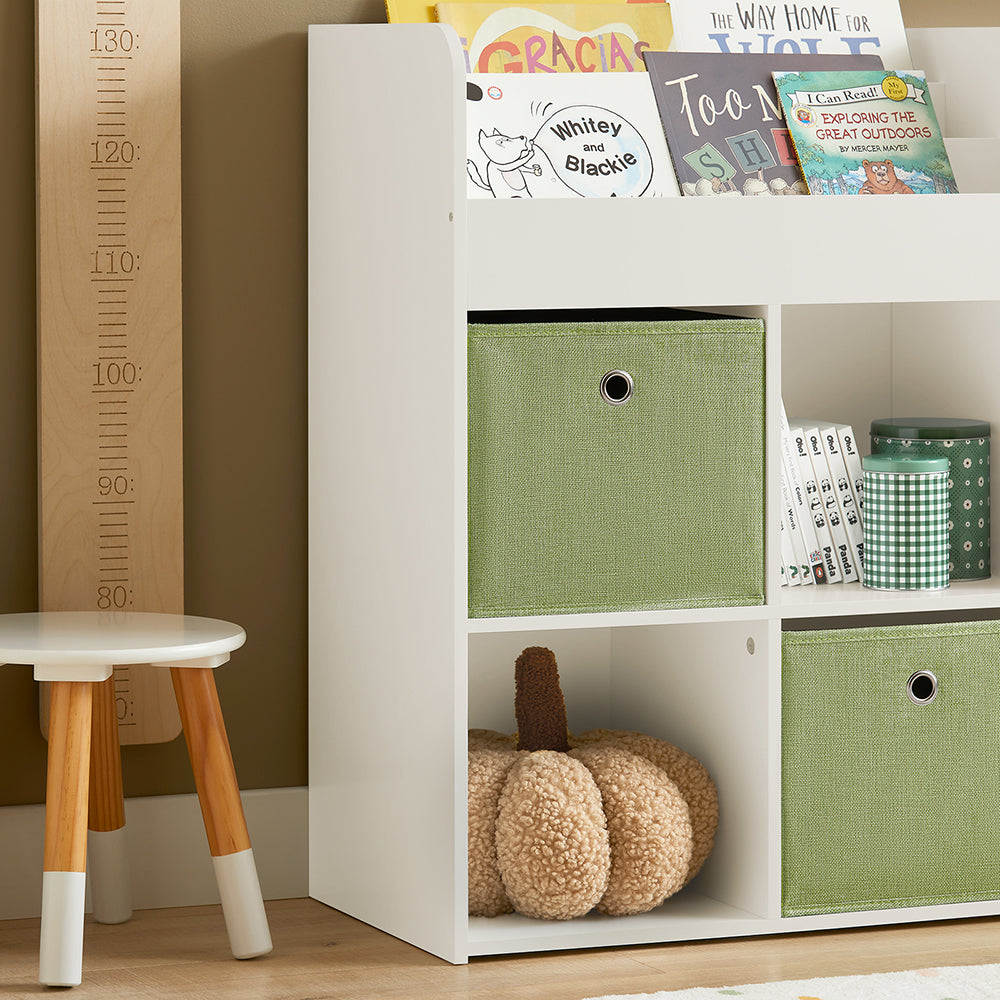 SoBuy KMB79-W Bibliothèque Enfant avec 3 Étagères, 4 Compartiments et 2 Coffres Amovibles – L60×P34×H80 cm, Charge 55 kg, MDF E1, Blanc
