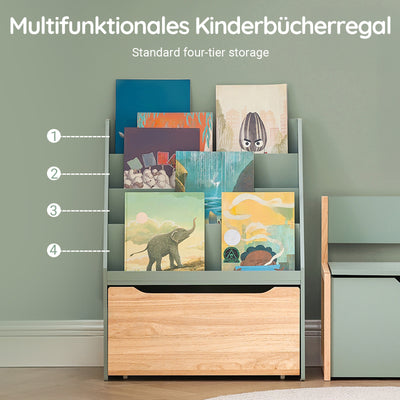 4 étagères offrant un vaste espace de stockage pour livres et jouets.
