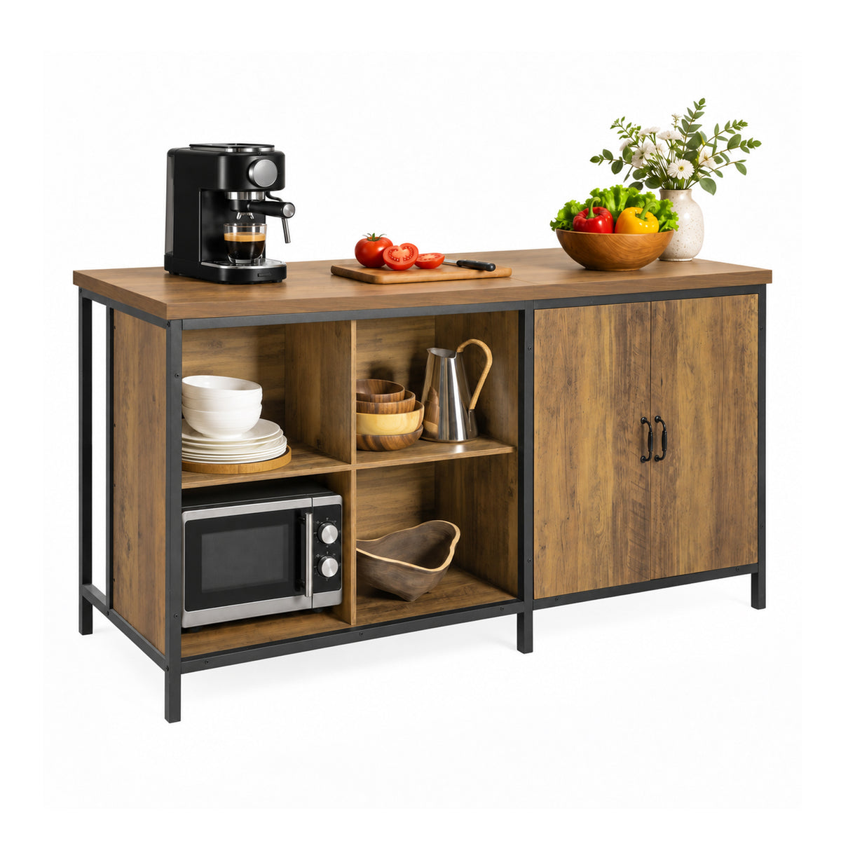 SoBuy KNL01-F Îlot de Cuisine 170 × 60 × 89 cm, 4 Niches et Placard à 2 Portes – Marron Vintage et Métal Noir
