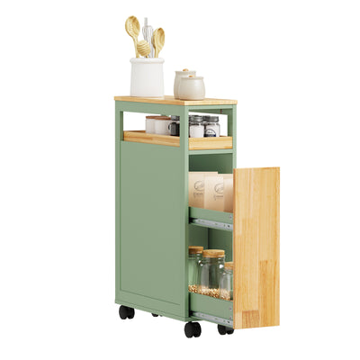 SoBuy NSR14-GR Desserte de Cuisine Étroite sur Roulettes – Porte et Tiroir, Rangement Gain de Place – 50×20×79 cm, Vert et Bois