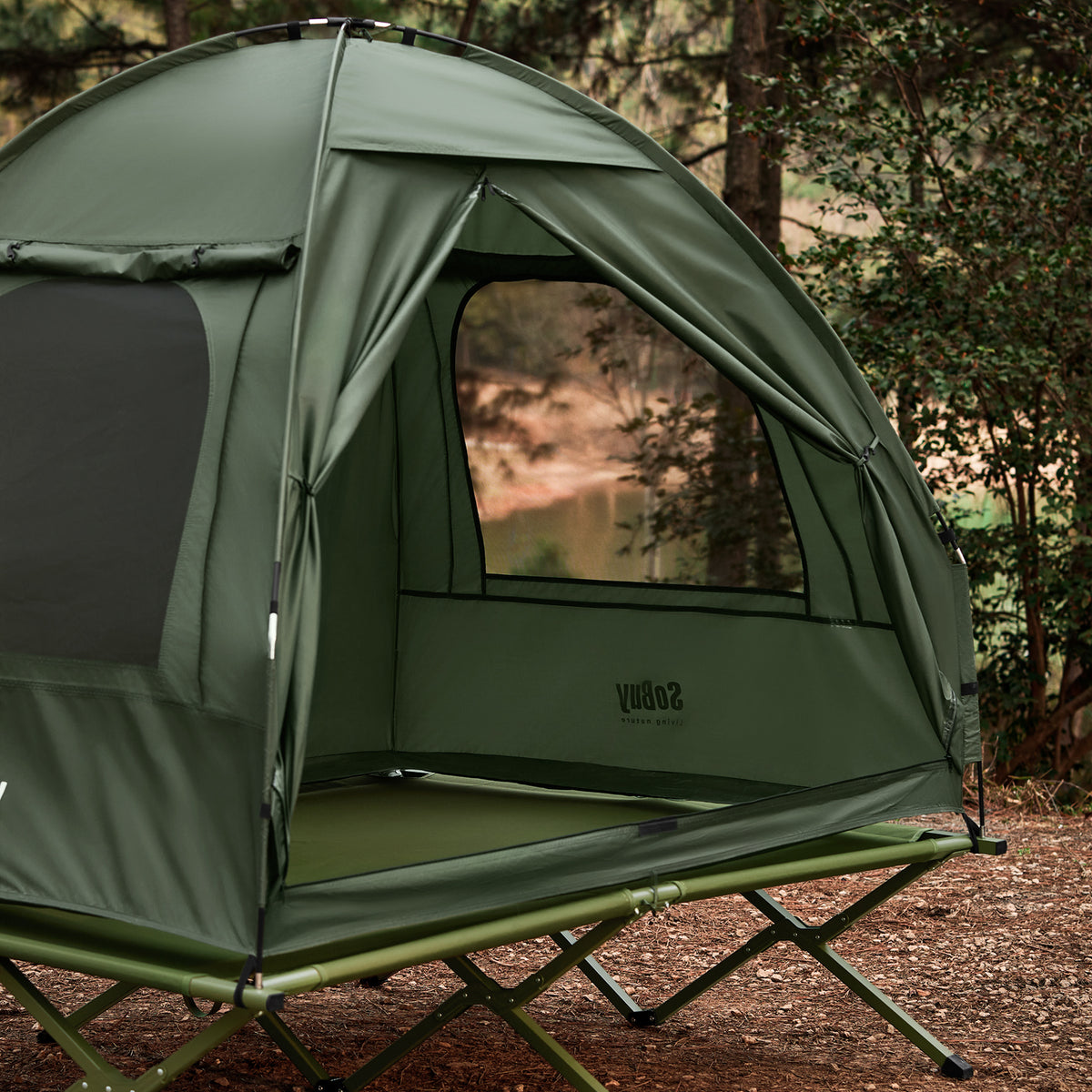 SoBuy OGS32-II-L-GR Tente de Camping 3 en 1 avec Lit de Camp et Moustiquaire – 2 Personnes, L193×P188×H145 cm, Charge 180 kg, Gris