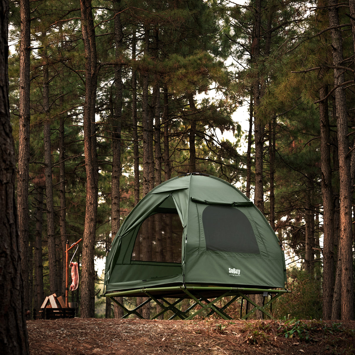 SoBuy OGS32-II-L-GR Tente de Camping 3 en 1 avec Lit de Camp et Moustiquaire – 2 Personnes, L193×P188×H145 cm, Charge 180 kg, Gris