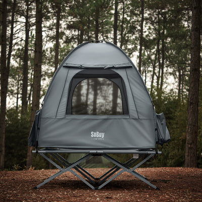 SoBuy OGS32-II-L-HG Tente de Camping 2 Personnes – Crochet Lampe, 4 Poches Chaussures, Moustiquaire, Charge 180 kg, 193×188×145 cm, Gris