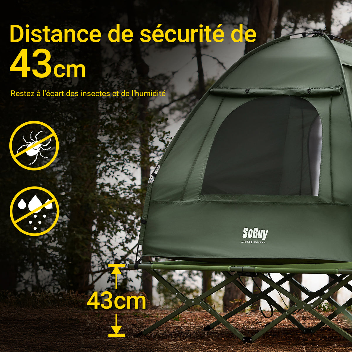 SoBuy OGS32-II-L-GR Tente de Camping 3 en 1 avec Lit de Camp et Moustiquaire – 2 Personnes, L193×P188×H145 cm, Charge 180 kg, Gris