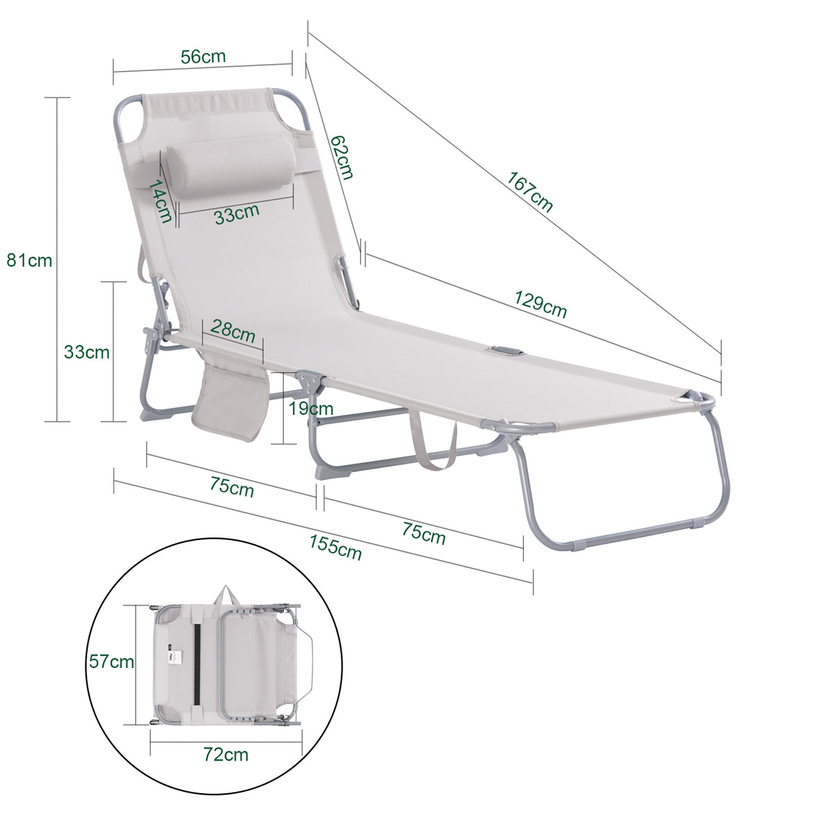 SoBuy OGS35-MI Transat de Jardin Pliable avec Oreiller et Poche Latérale, Chaise Longue Relax, Confortable, Design Fonctionnel – L155×P56×H81 cm, Beige