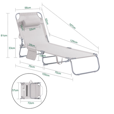 SoBuy OGS35-MI Transat de Jardin Pliable avec Oreiller et Poche Latérale, Chaise Longue Relax, Confortable, Design Fonctionnel – L155×P56×H81 cm, Beige
