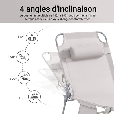 SoBuy OGS35-MI Transat de Jardin Pliable avec Oreiller et Poche Latérale, Chaise Longue Relax, Confortable, Design Fonctionnel – L155×P56×H81 cm, Beige