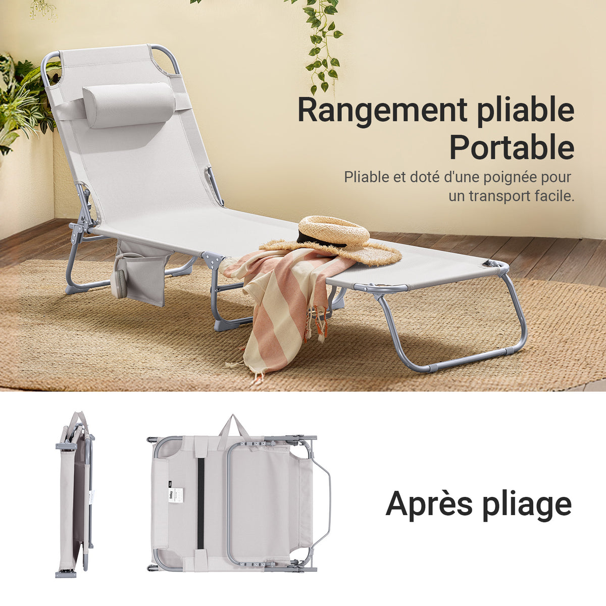 SoBuy OGS35-MI Transat de Jardin Pliable avec Oreiller et Poche Latérale, Chaise Longue Relax, Confortable, Design Fonctionnel – L155×P56×H81 cm, Beige