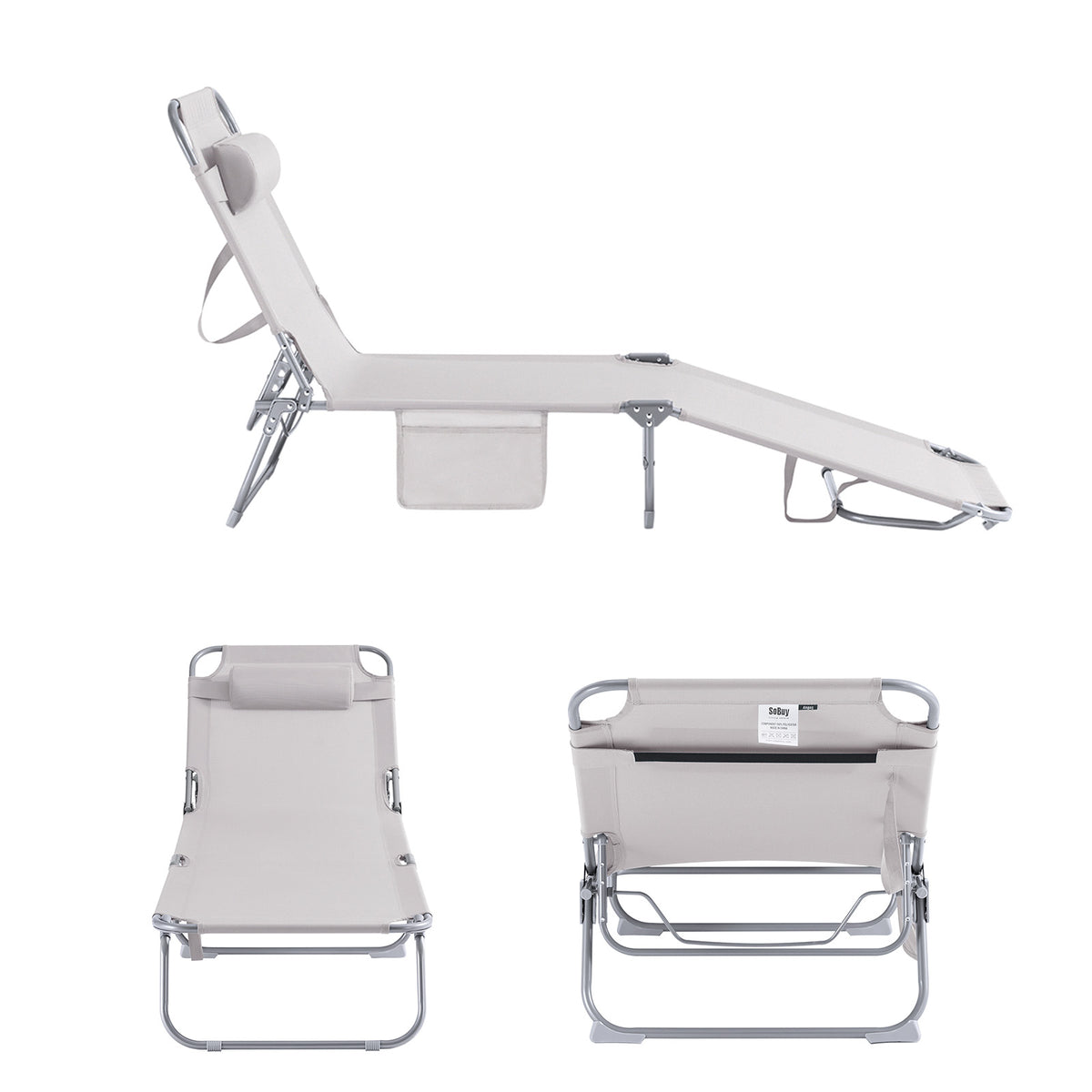 SoBuy OGS35-MI Transat de Jardin Pliable avec Oreiller et Poche Latérale, Chaise Longue Relax, Confortable, Design Fonctionnel – L155×P56×H81 cm, Beige