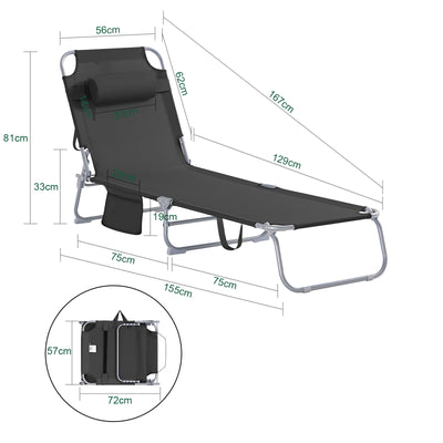 SoBuy OGS35-SCH Transat de Jardin Pliable avec Oreiller et Poche Latérale, Chaise Longue Relax, Confortable, Design Fonctionnel – L155×P56×H81 cm, Noir