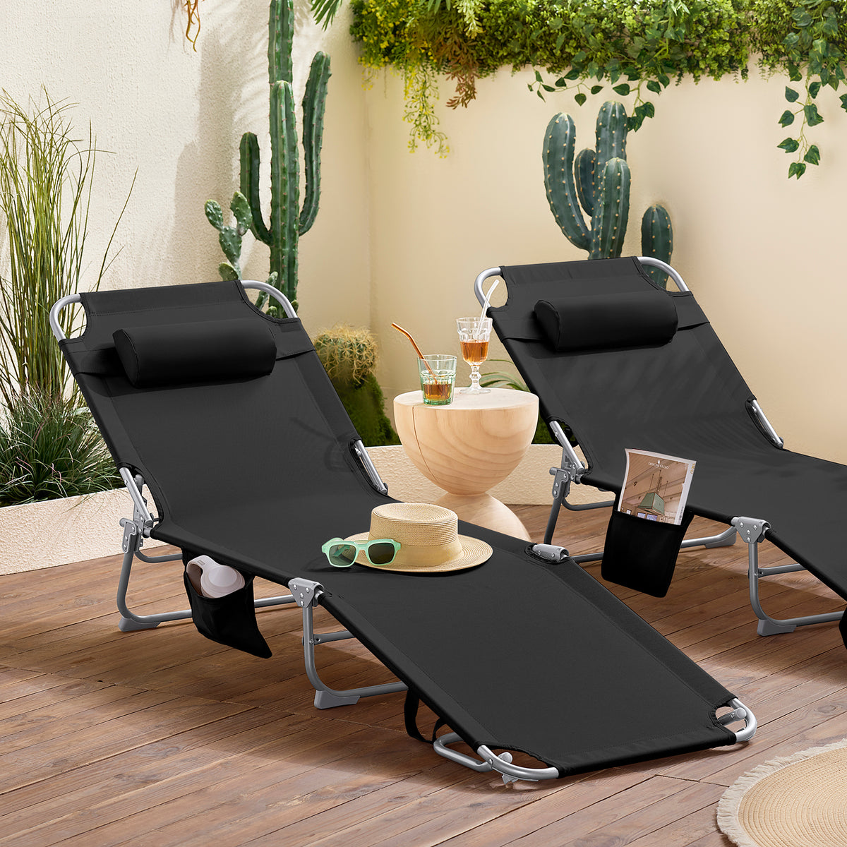 SoBuy OGS35-SCH Transat de Jardin Pliable avec Oreiller et Poche Latérale, Chaise Longue Relax, Confortable, Design Fonctionnel – L155×P56×H81 cm, Noir