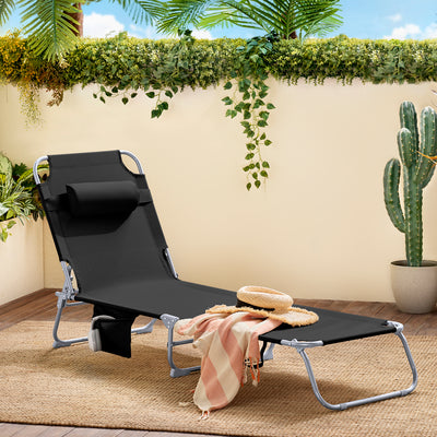 SoBuy OGS35-SCH Transat de Jardin Pliable avec Oreiller et Poche Latérale, Chaise Longue Relax, Confortable, Design Fonctionnel – L155×P56×H81 cm, Noir