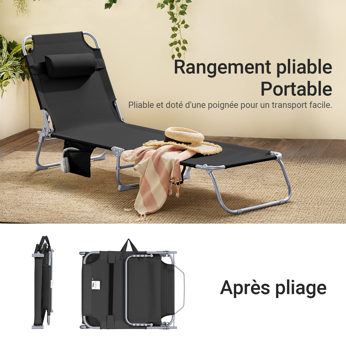 SoBuy OGS35-SCHx2 Lot de 2 Transats de Jardin Pliable avec Oreiller et Poche Latérale, Chaise Longue Relax, Design Fonctionnel – L155×P56×H81 cm, Noir