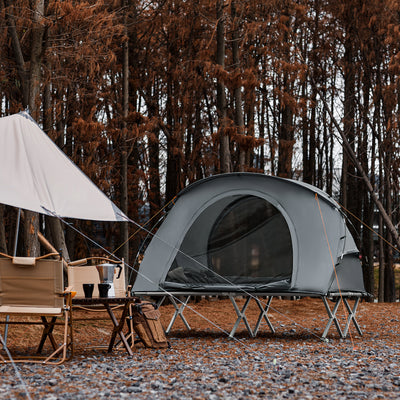 SoBuy OGS60-L-HG Lit de Camping 2 Personnes 3 en 1 – Toit Anti-UV, Matelas Gonflable Intégré, Charge 300 kg, Sac à Roulettes, Gris