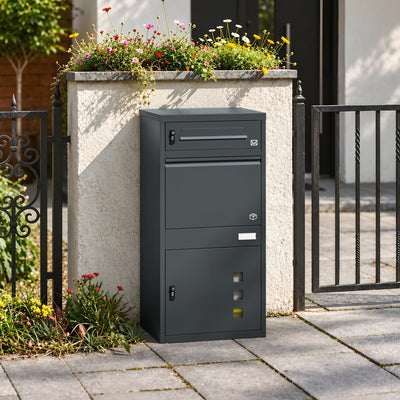 SoBuy OGS67-DG Boîte aux Lettres avec Compartiment Colis Anthracite – Boîte à Colis Extérieure Sécurisée sur Pied à 3 Portes, Acier Thermolaqué Anti-Vol – 55×41,3×112 cm, Charge 40 kg