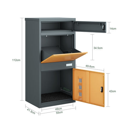 SoBuy OGS67-N Boîte aux Lettres avec Compartiment Colis Sécurisée – Serrure à Code et Clé, Acier Anthracite Aspect Bois, 3 Portes – 55×41,3×112 cm, Charge 40 kg