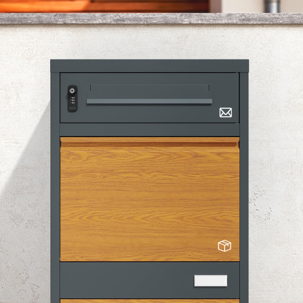 SoBuy OGS67-N Boîte aux Lettres avec Compartiment Colis Sécurisée – Serrure à Code et Clé, Acier Anthracite Aspect Bois, 3 Portes – 55×41,3×112 cm, Charge 40 kg