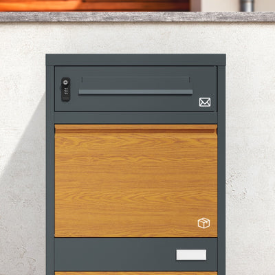 SoBuy OGS67-N Boîte aux Lettres avec Compartiment Colis Sécurisée – Serrure à Code et Clé, Acier Anthracite Aspect Bois, 3 Portes – 55×41,3×112 cm, Charge 40 kg