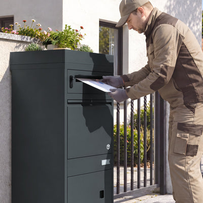SoBuy OGS68-DG Boîte aux Lettres Colis Sécurisée XXL – Boîte à Colis Extérieure sur Pied avec Serrure à Code, Acier Gris Foncé Anthracite – 55×41,3×120 cm, Charge 40 kg