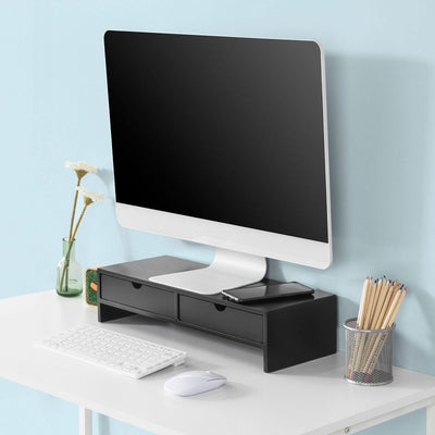 SoBuy BBF02-SCH Support Écran PC Rehausseur Ecran PC Bureau avec 2 Tiroirs et Rangement Support Moniteur Universel pour Ordinateur Portable ou Écran Noir 47x18x11cm