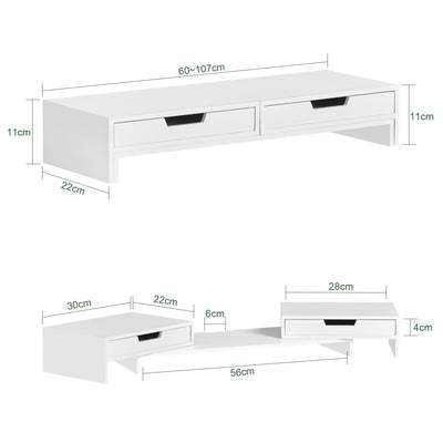 SoBuy BBF04-W Rehausseur Écran PC Bureau avec 2 Tiroirs Support Écran PC Rehausseur Ordinateur Portable Support Moniteur Réglable Blanc 60–107x22x11cm