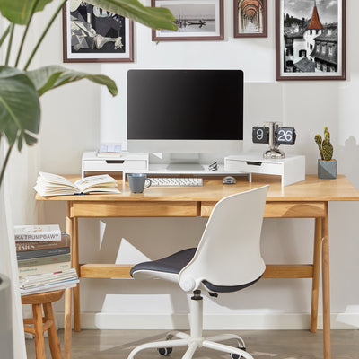 SoBuy BBF04-W Rehausseur Écran PC Bureau avec 2 Tiroirs Support Écran PC Rehausseur Ordinateur Portable Support Moniteur Réglable Blanc 60–107x22x11cm