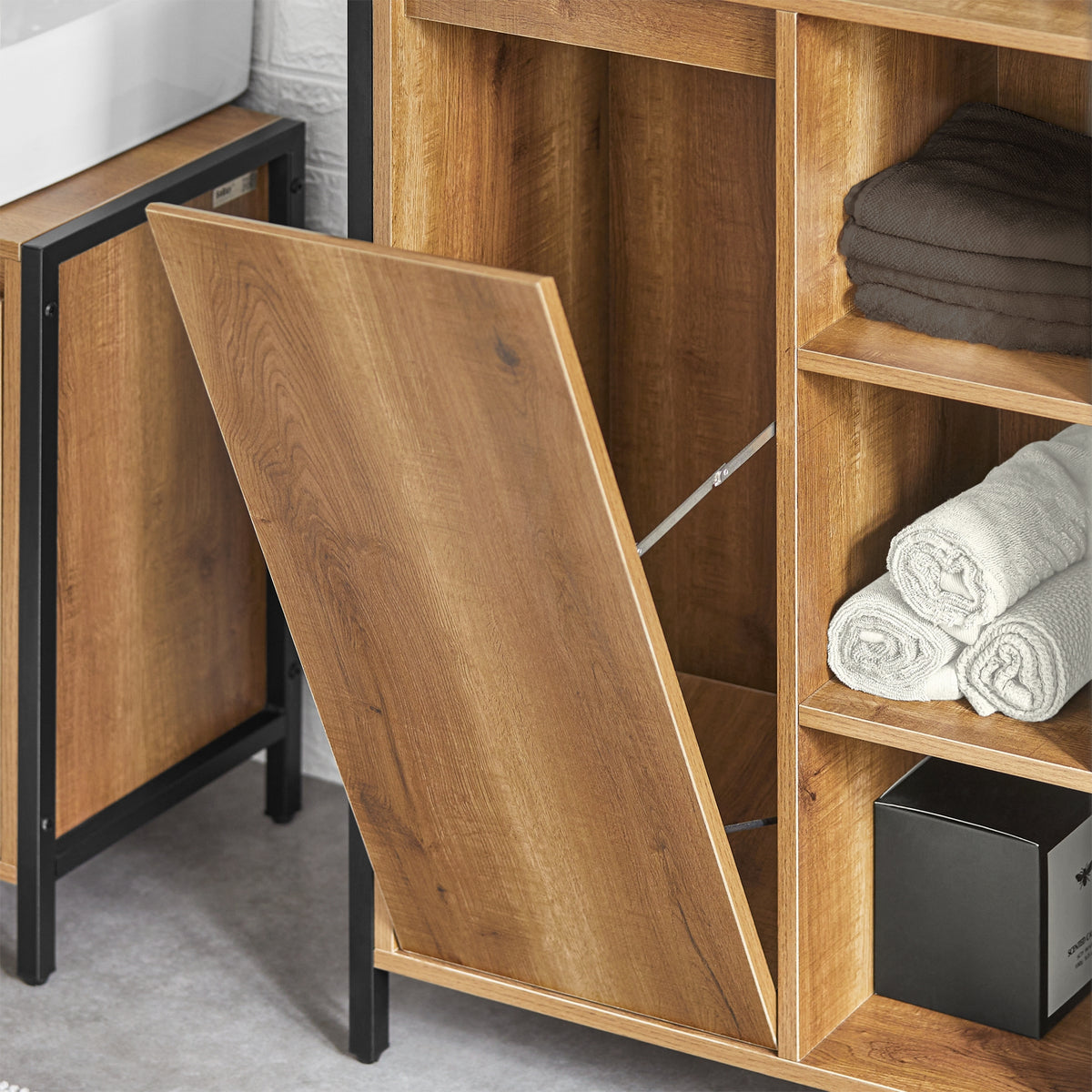 SoBuy BZR65-PF Meuble Salle de Bain avec Panier à Linge Amovible et 3 Étagères Ouvertes – L60×P30×H90 cm, Charge 40 kg, Bois-Métal Beige