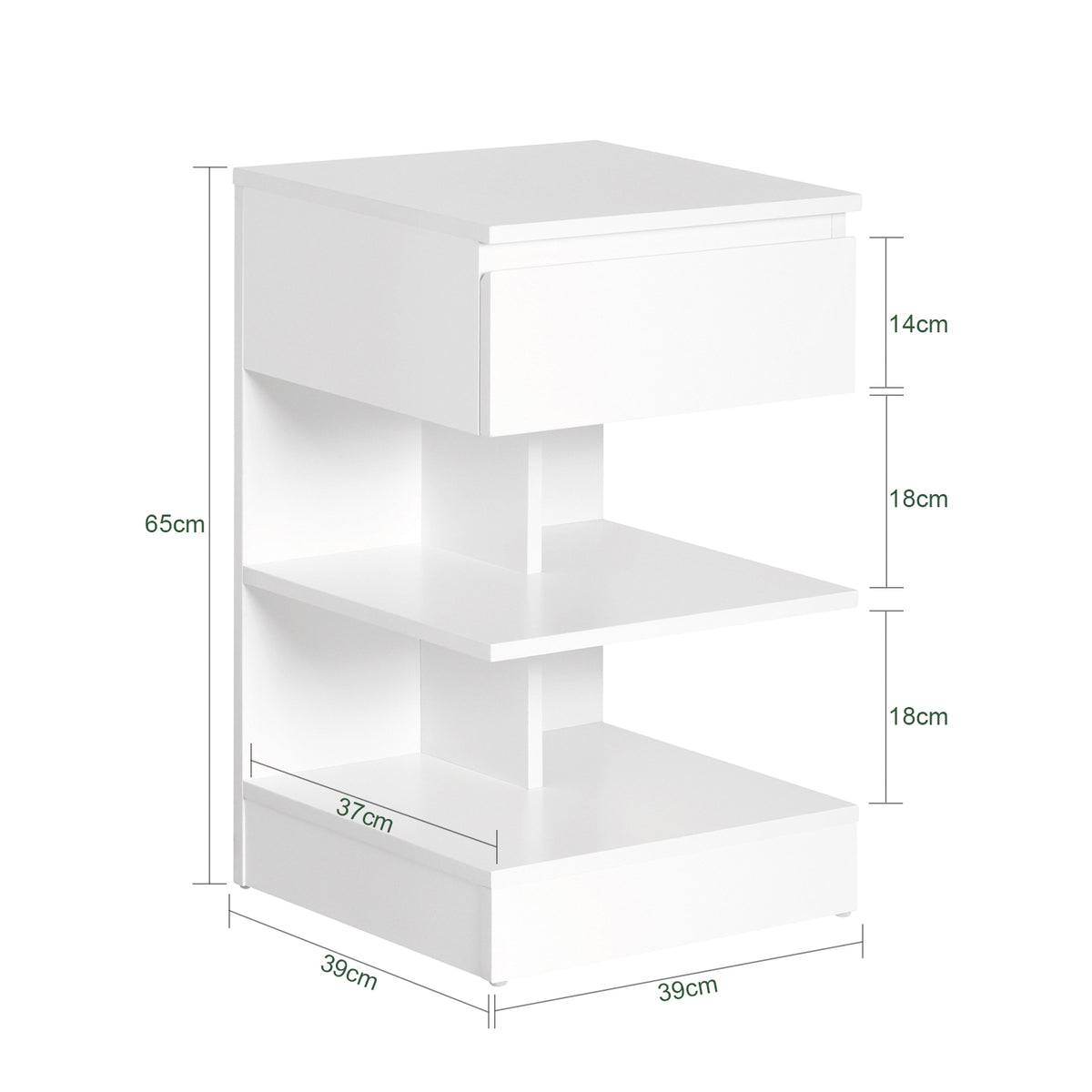 SoBuy FBT49-W Table de Chevet avec 1 Tiroir et 2 Étagères, Design Moderne, pour Salon et Chambre, Rangement Optimisé, Design Fonctionnel – L39×P39×H65 cm, Blanc