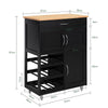 SoBuy FKW45-SCH Desserte de Cuisine sur Roulettes avec Casier à Vin – Plan de Travail Bois Massif, 1 Tiroir, 2 Portes, Noir, 67×38×86 cm
