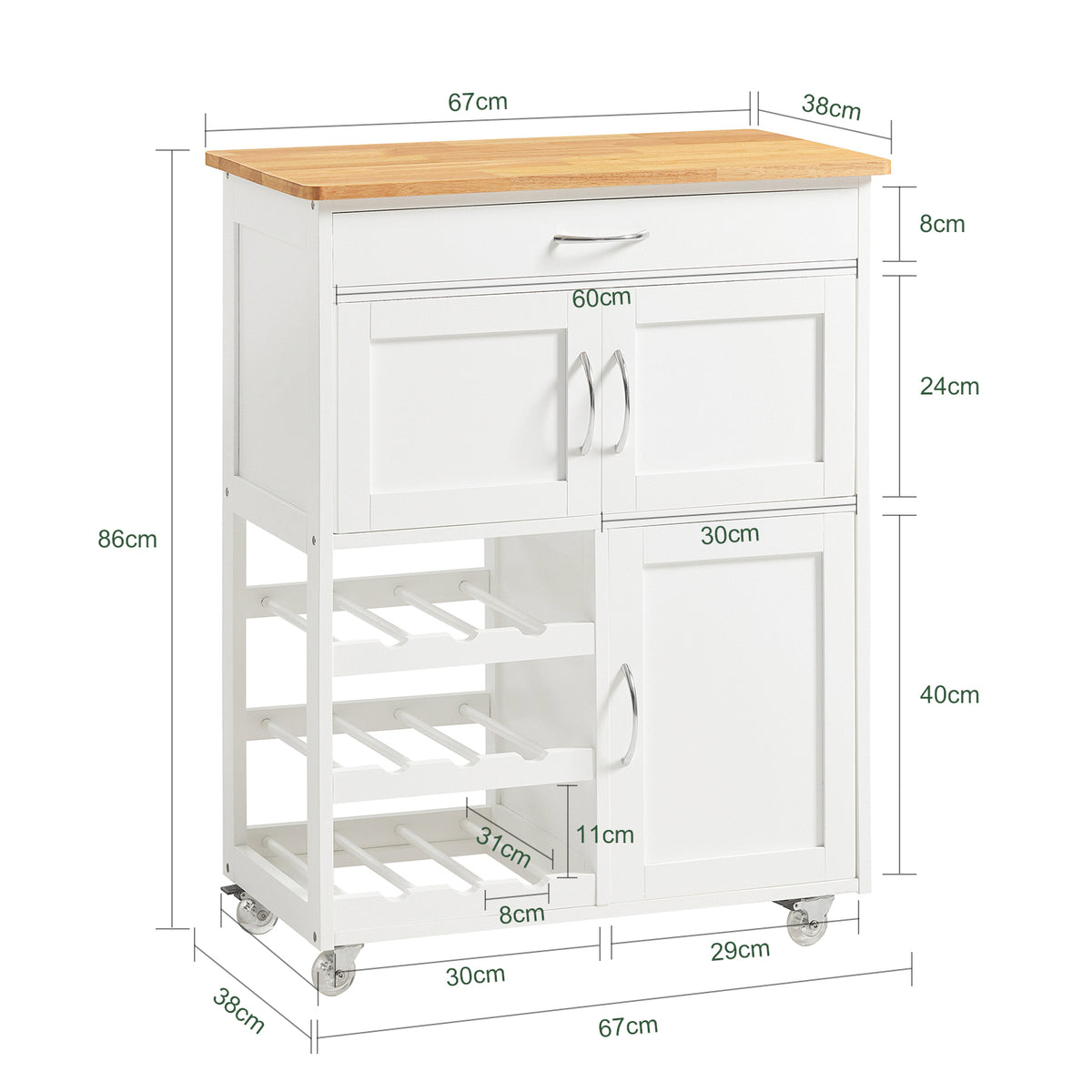 SoBuy FKW45-WN Desserte cuisine bois massif 67 cm avec plan en hévéa, tiroir et casier à vin – Blanc et naturel