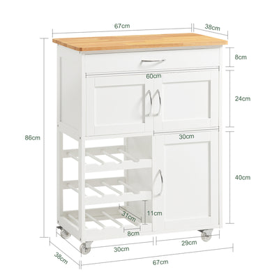 SoBuy FKW45-WN Desserte cuisine bois massif 67 cm avec plan en hévéa, tiroir et casier à vin – Blanc et naturel