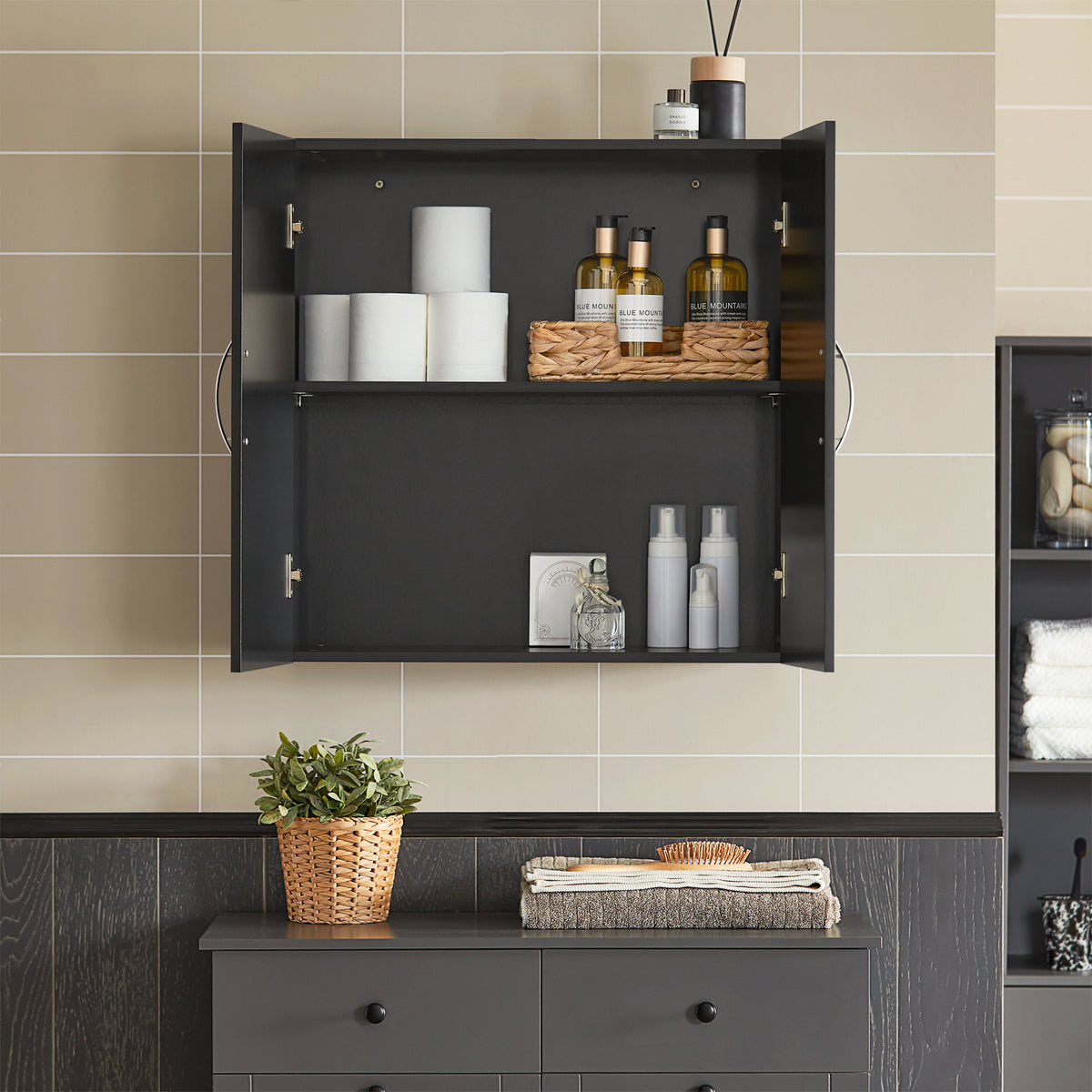 sobuyes.shopG231-SCH Meuble Haut Salle de Bain Suspendu Armoire Murale avec Étagère Réglable et Porte Rangement Mural Compact pour Salle de Bain, WC ou Cuisine Noir L60xP30xH60 cm