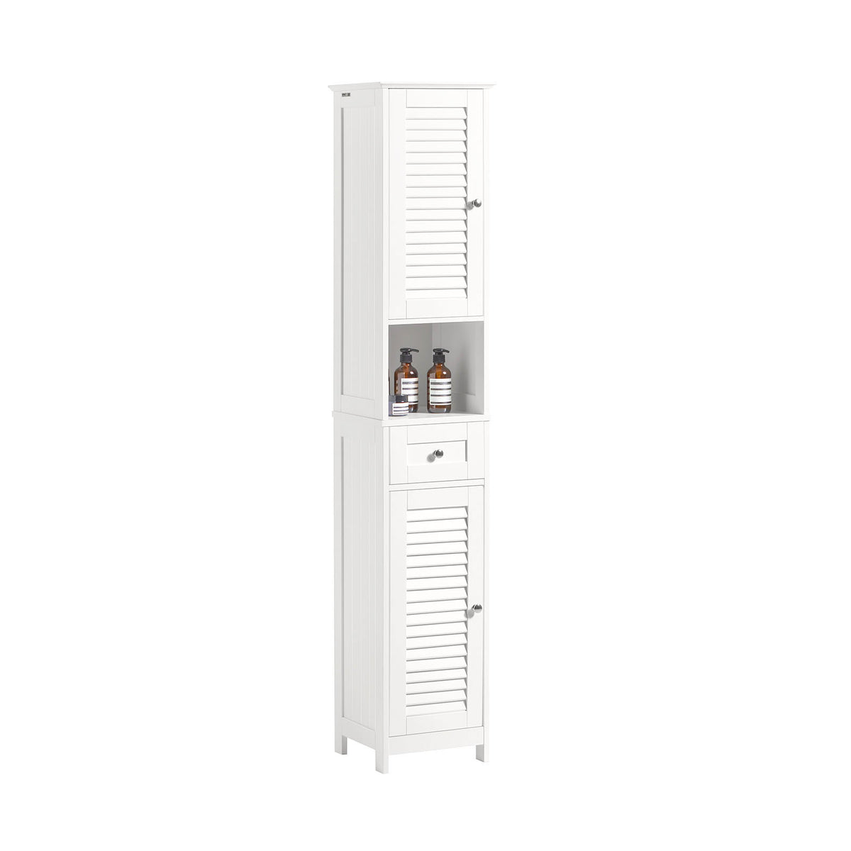 sobuyes.shopG236-W Colonne de Salle de Bain – 32 cm, 2 Portes Persiennes, Tiroir et Niche, Blanc