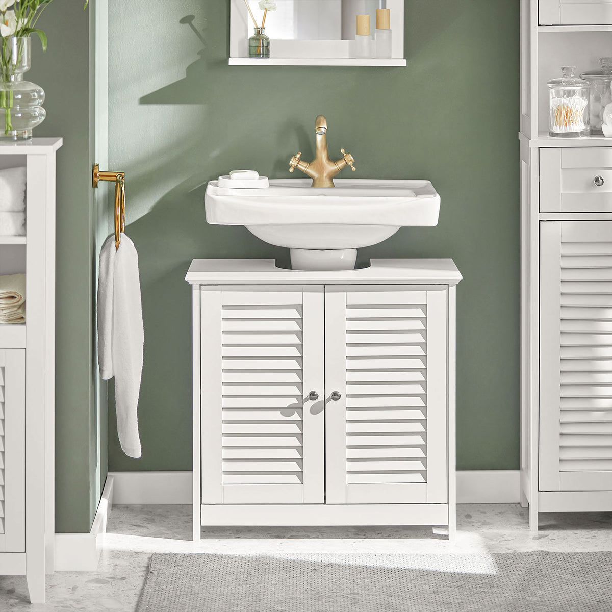 sobuyes.shopG237-II-W Meuble Sous Vasque 60 cm avec Porte à Lamelles – Étagère Réglable, Blanc