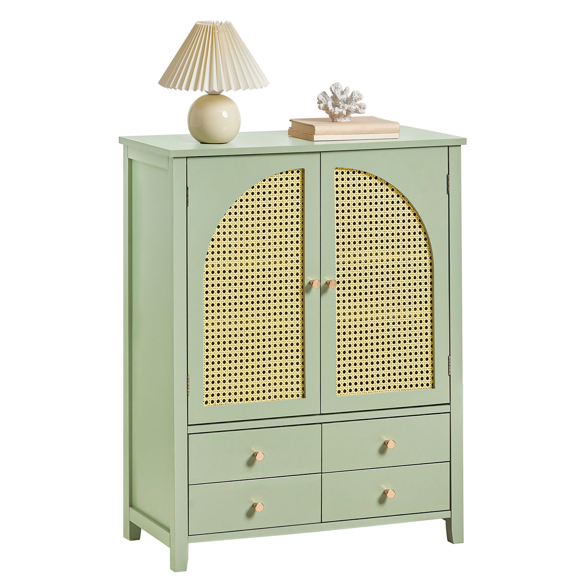 SoBuy FSB72-GR Meuble d’Entrée Rotin Vert – 4 Tiroirs, Style Bohème Naturel