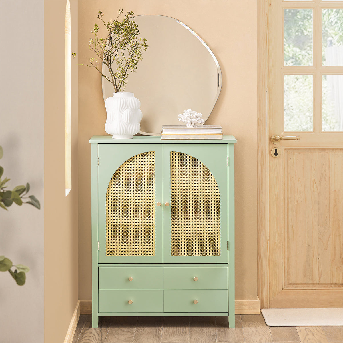 SoBuy FSB72-GR Meuble d’Entrée Rotin Vert avec 4 tiroirs 70x34x90cm, Style Bohème Naturel