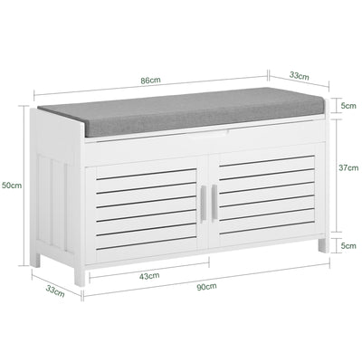SoBuy FSR102-W Banc à Chaussures avec Coussin Rembourré, Coffre et 2 Portes de Rangement pour Entrée – 90x33x50 cm, Blanc