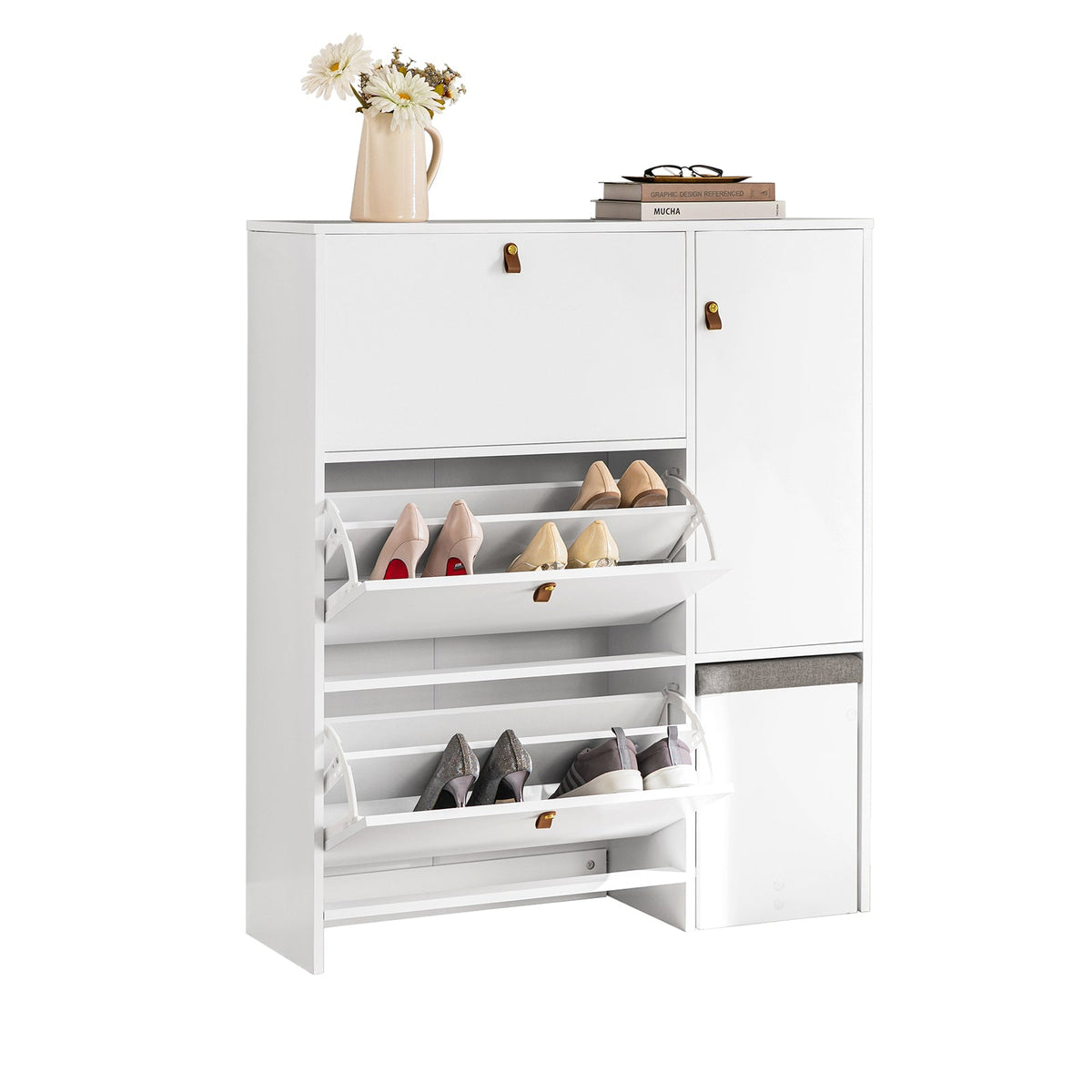 SoBuy FSR107-W Armoire à Chaussures avec Tabouret, 1 Porte et 3 Abattants, Meuble d'Entrée – 95x30x121 cm, Blanc
