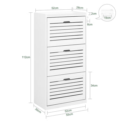 SoBuy FSR108-W Armoire à Chaussures 3 Abattants avec 2 Crochets et Porte-Manteau – 55×30×112 cm, 45 kg, MDF + Bambou, Blanc