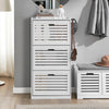 SoBuy FSR108-W Armoire à Chaussures 3 Abattants avec 2 Crochets et Porte-Manteau – 55×30×112 cm, 45 kg, MDF + Bambou, Blanc