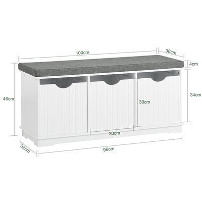 SoBuy FSR30-W Banc à Chaussures avec Coussin Rembourré et 3 Cubes de Rangement pour Entrée – 100x36x46 cm, Blanc