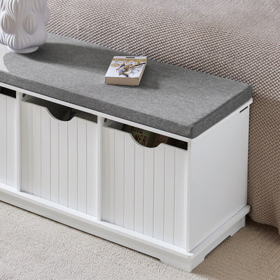 SoBuy FSR30-W Banc à Chaussures avec Coussin Rembourré et 3 Cubes de Rangement pour Entrée – 100x36x46 cm, Blanc