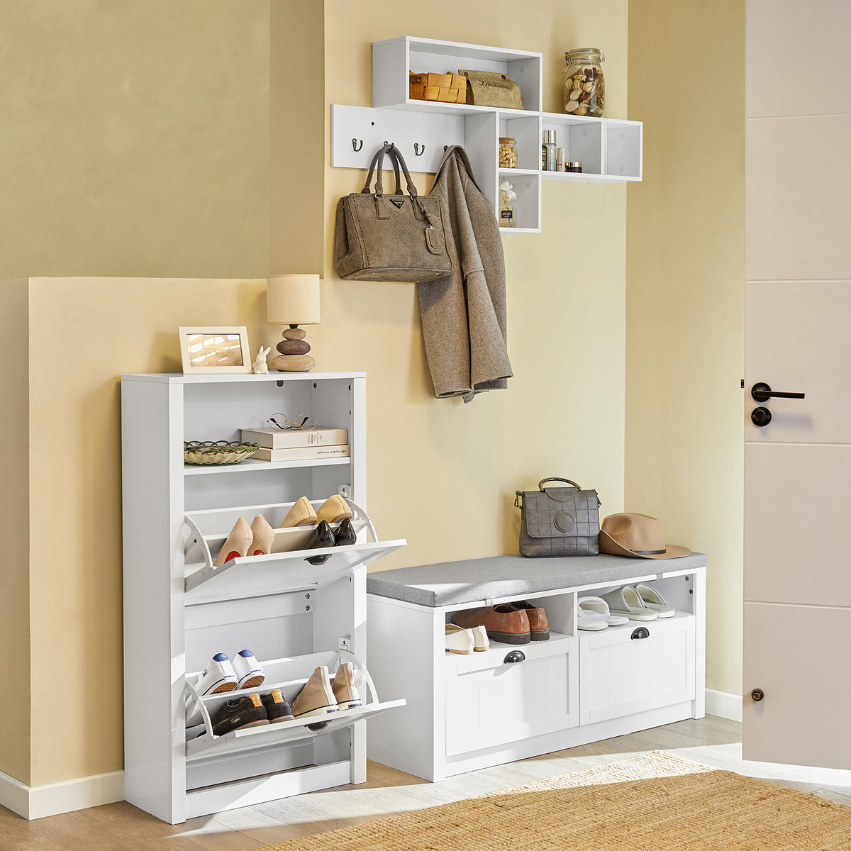 SoBuy FSR87-K-W Armoire à Chaussures 2 Abattants et Compartiment Ouvert – 60×24×110 cm, 50 kg, MDF E1, Blanc