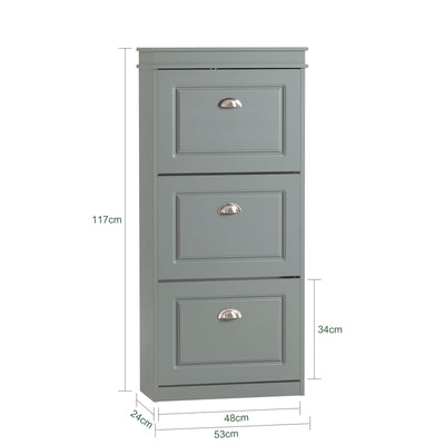 SoBuy FSR94-HG Armoire à Chaussures Slim 24 cm à 3 Abattants – 12 Paires – Dos Ventilé – Bois FSC – Gris